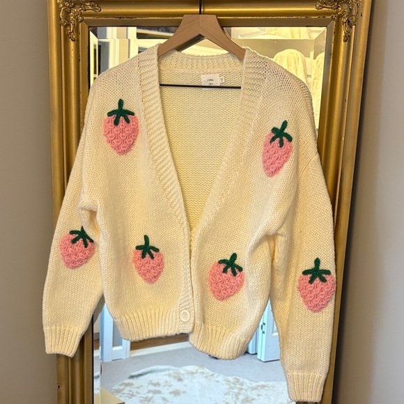 Cream Cardigan with Pink and Green Strawberry Details - Picture 1 of 5